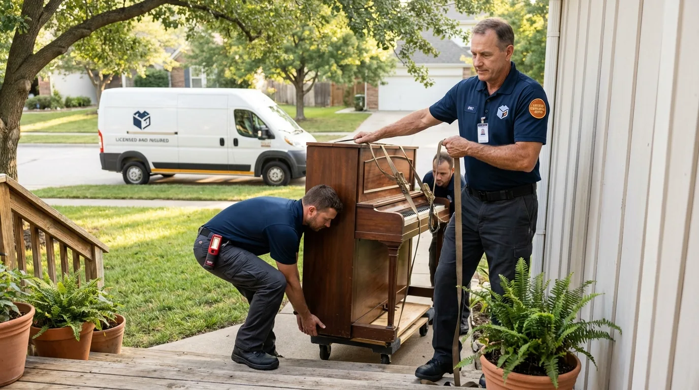 Licensed piano movers securing grand piano in Macedon, NY