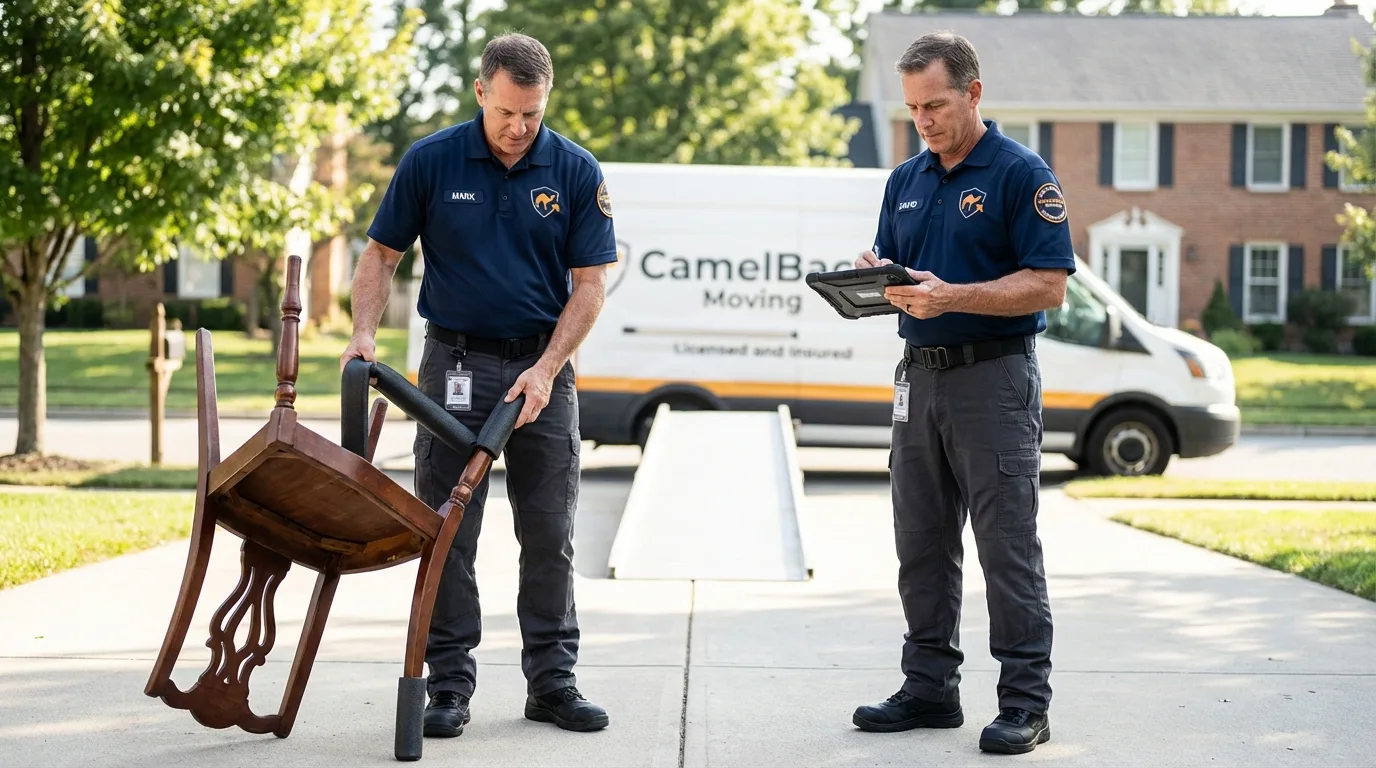 Movers inspecting furniture for damage prevention before loading in Macedon, NY