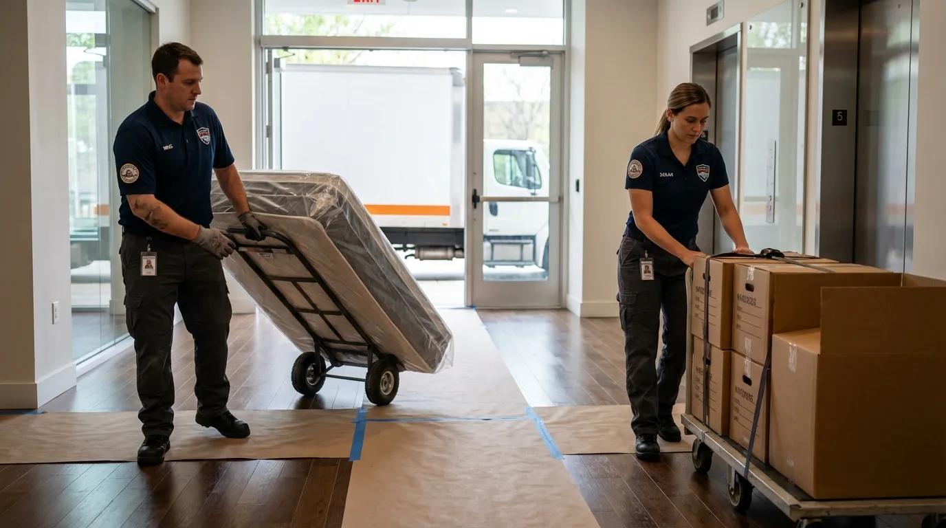 Professional apartment movers loading elevator in Macedon, NY