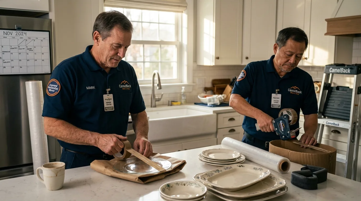 Professional crew packing kitchen dishware in Macedon, NY